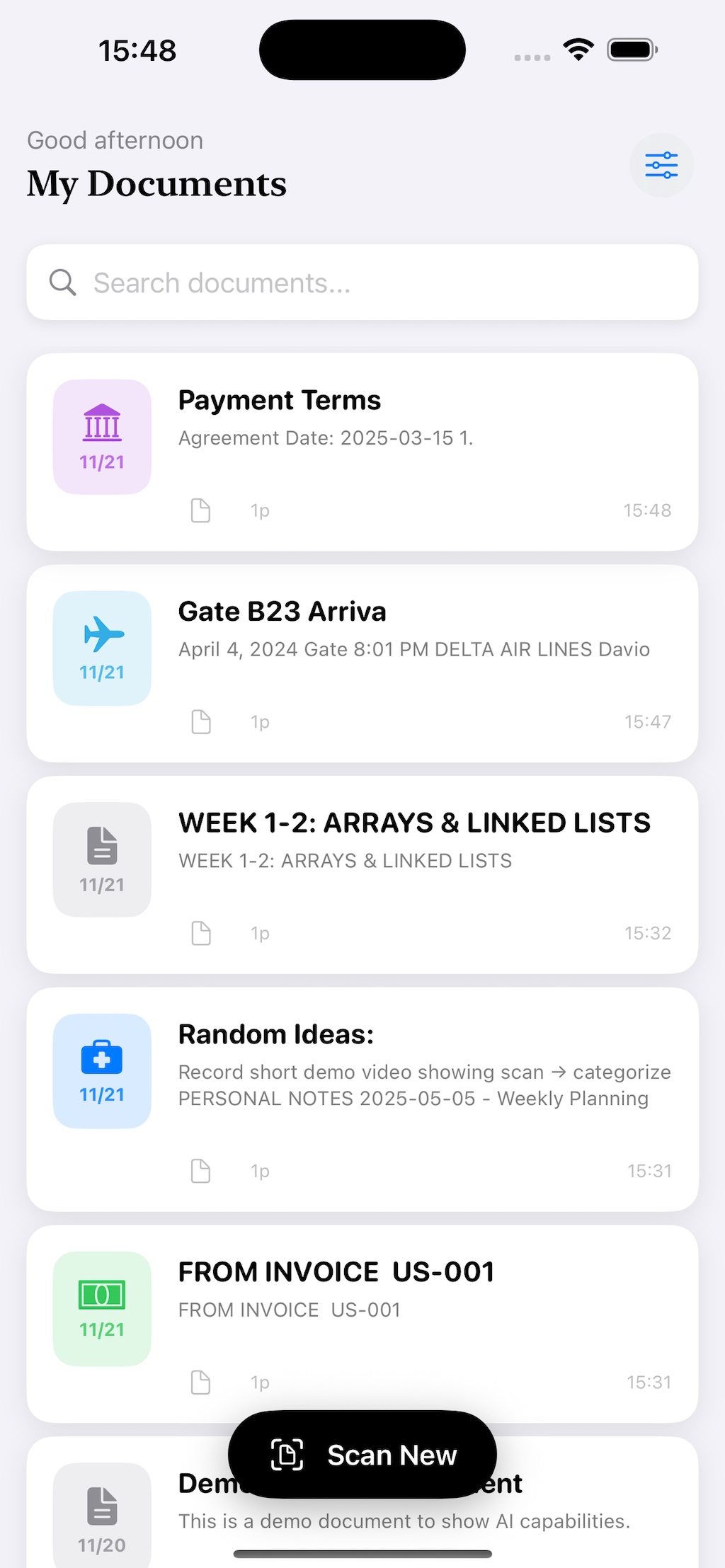 Home view showing document categories and recent scans