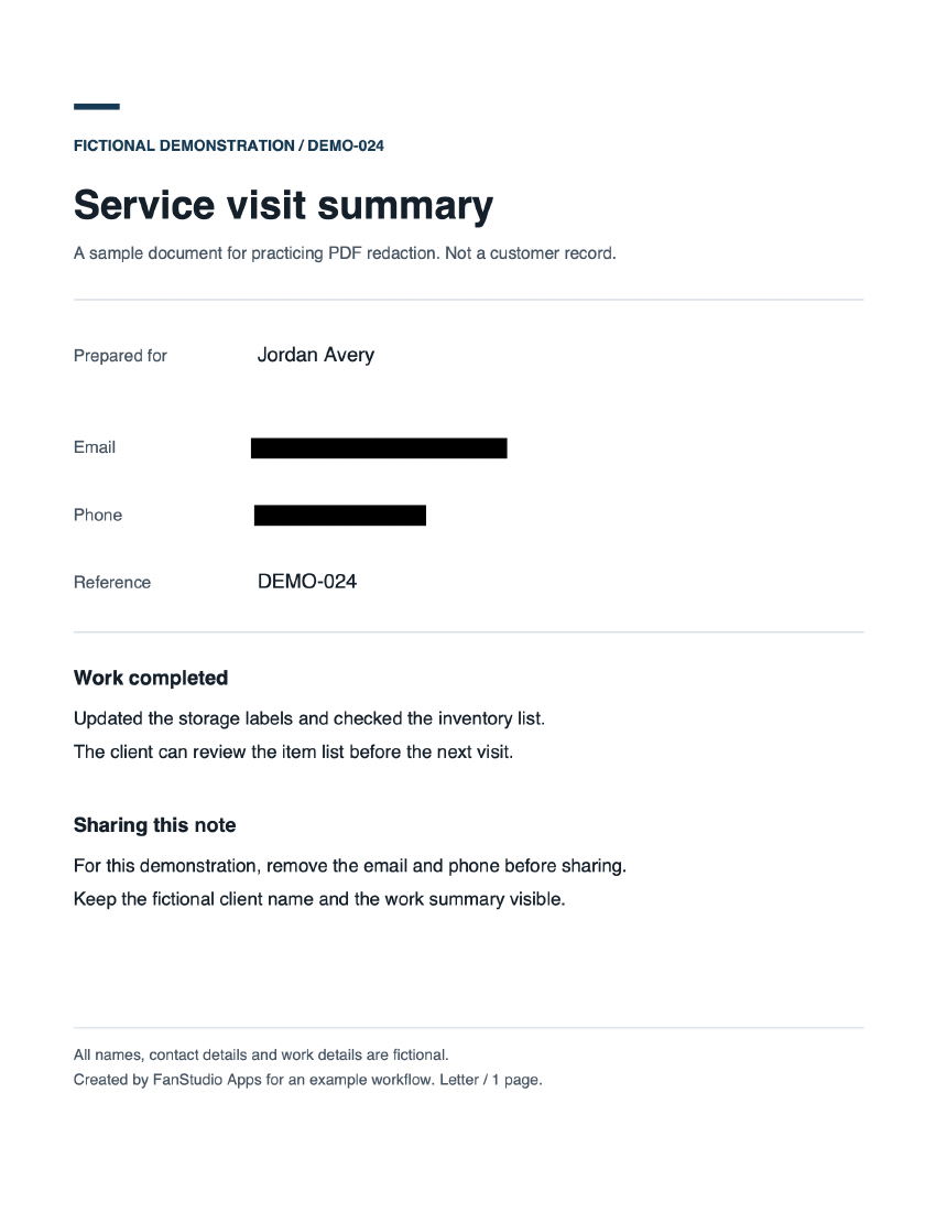 Actual OfflinePDF export of a fictional service note, with email and phone covered and the work summary still readable