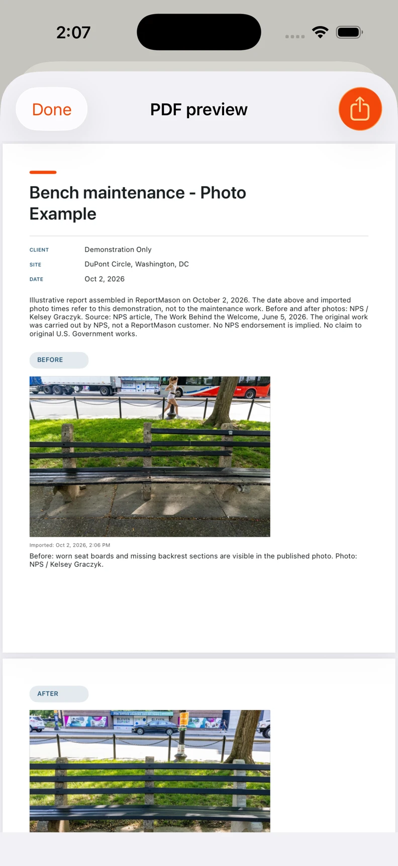 ReportMason PDF preview showing the Before page and the beginning of the After page