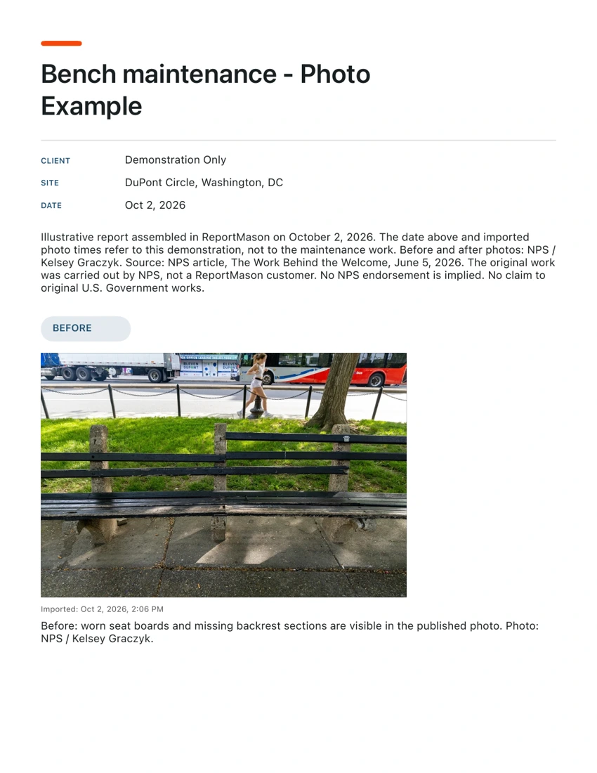 Page one of an actual ReportMason PDF, showing a Before bench photo, project details and caption