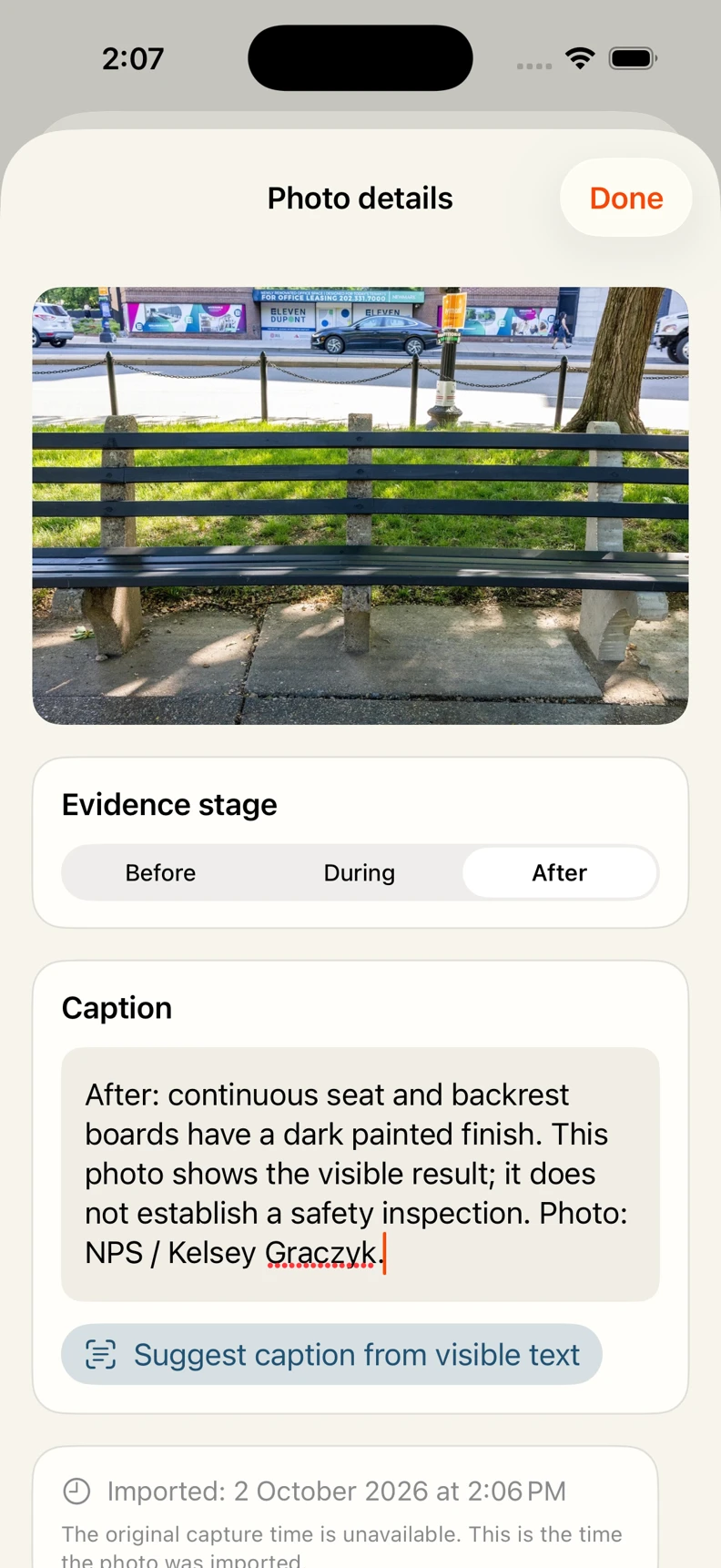 Photo details with After selected, a written caption and Imported time label