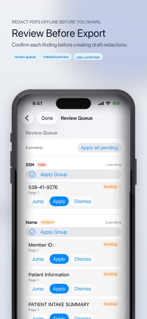 OfflinePDF Pro review findings screen with draft redactions